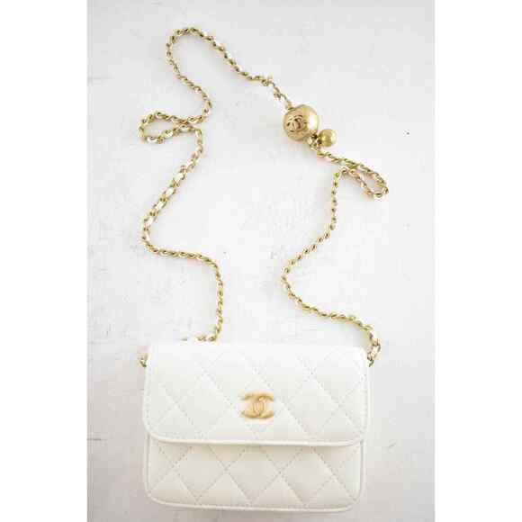 Chanel 22C White Pearl Crush Clutch Mini Chain Classic Gold Card Belt Waist Bag - Picture 2 of 12